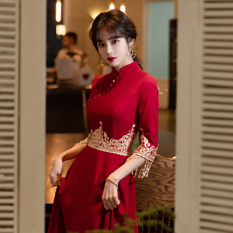 Toast Bridal Qipao 2022 New Summer Wine Red Long Sleeve Long Version Wedding Chinese Gown Lady Summer Back Door