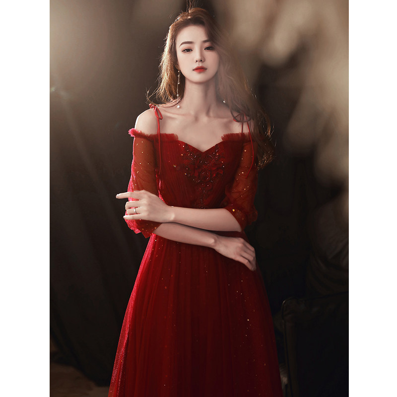 Shoulder toast Bride wedding 2021 new wine red fairy long version temperament winter evening dress dress dress women