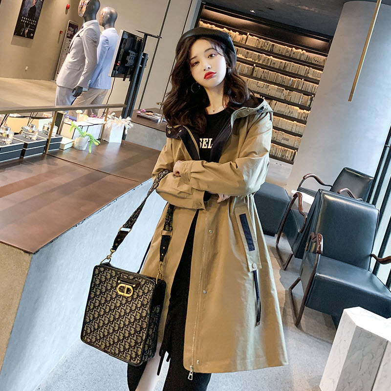 Hooded Trench Coat for Women, Mid-Length, Loose Fit, Elegant Korean Style, Student Chic Workwear, Versatile 2025 New Autumn Jacket