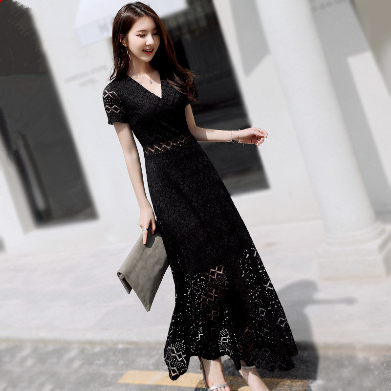 Beach Vacation Dress, Sexy Plus Size Lace Slim Long Dress, Waist-Cinching French Style New Long Dress for Women