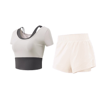 Womens quick-drying fake two-piece short-sleeved short-sleeved yoga suit with chest pads for running Pilates and fitness sports tops for summer