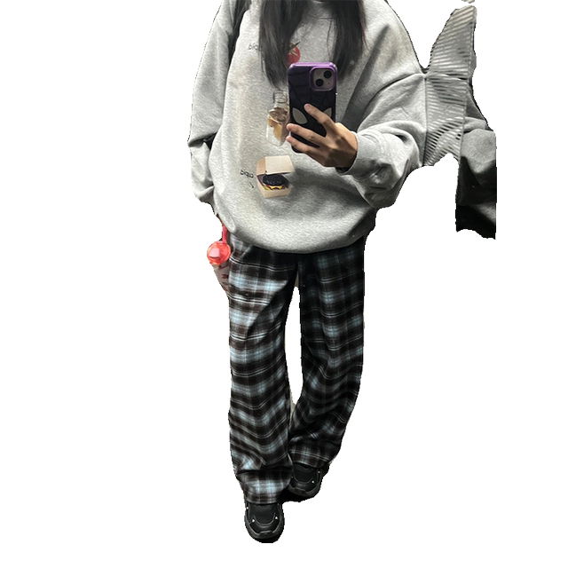 American retro high waist plaid casual pants for women in autumn and winter