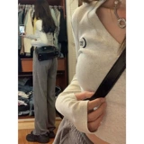 Ретро демисезонный короткий сексуальный приятный телу лонгслив, в американском стиле, V-образный вырез, в обтяжку