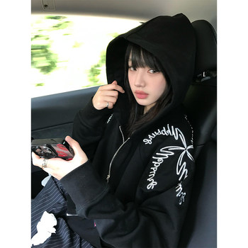 American embroidery pattern cardigan zipper sweatshirt jacket for women