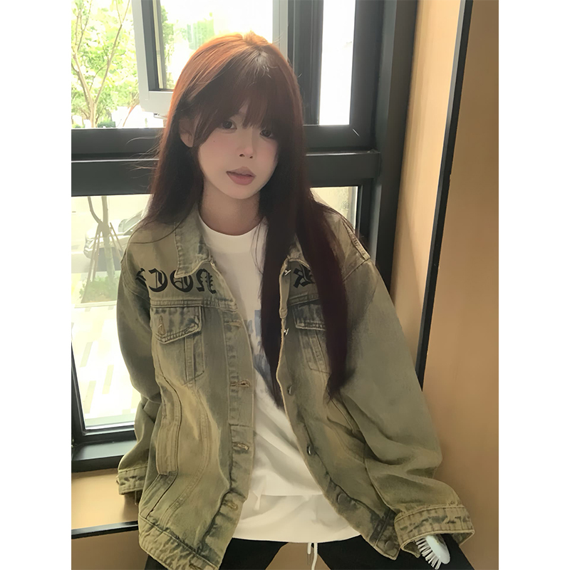 American High Street Yellow Mud-Dyed Denim Jacket for Women, Spring and Autumn 2025 New Style, Loose Design, Niche Trendy Brand Jacket