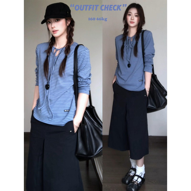 Korean Style Lace-Up Blue Striped Long-Sleeve T-Shirt for Women, New Autumn Loose Fit, Slimming, Casual and Relaxed Base Shirt