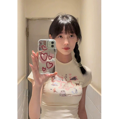 Летняя короткая брендовая футболка с коротким рукавом, облегающий крой