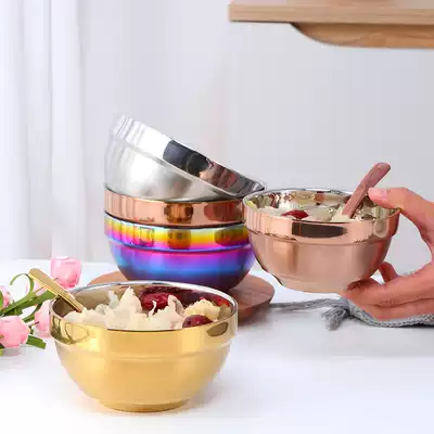 Titanium-plated 304 stainless steel bowl Household children eat children's small bowl double-layer anti-scalding single rice bowl baby iron bowl