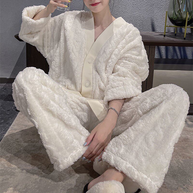 Net Red Pyjamas Woman Autumn Winter Style Coral Fleece Plus Suede Thickened Winter Home Clothing Spring Autumn Season of Lazy Extractable Suit
