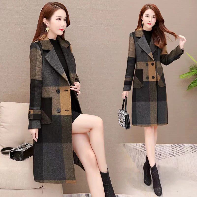 Áo khoác len cashmere cho phụ nữ 2019 mới phổ biến mùa thu và mùa đông giữa chiều dài linh hoạt áo len kẻ sọc - Trung bình và dài Coat