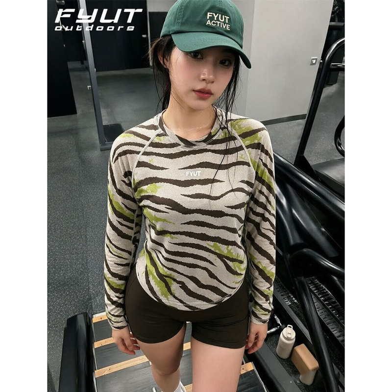 Fyut Tiger Skin Sports Long Sleeve Quick-Dry Shirt for Women, Summer Lightweight Breathable Sports Cover-Up, Printed Running T-Shirt Top