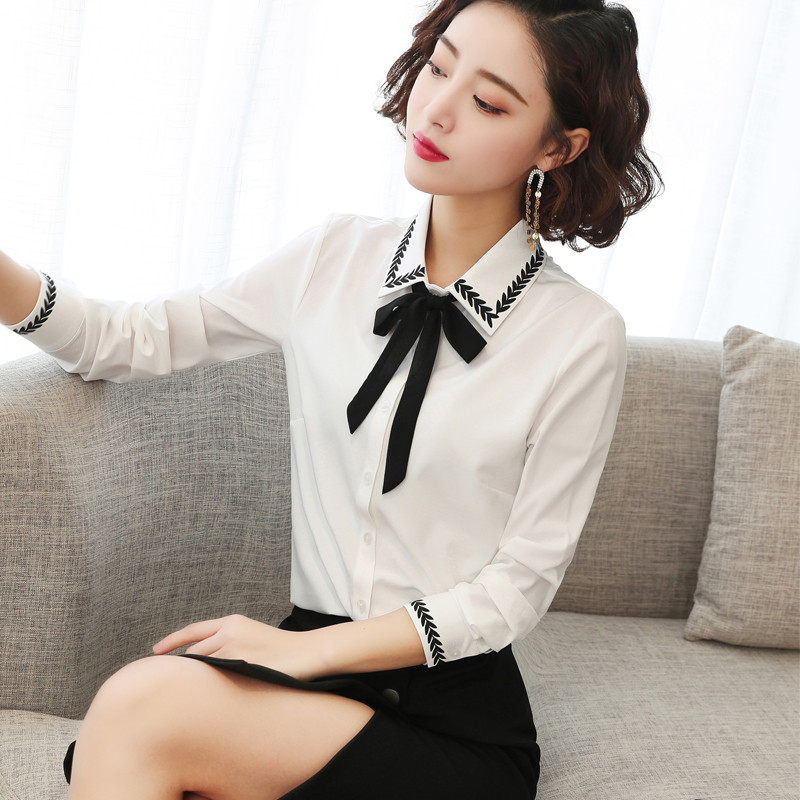 Bow lace-up shirt women's chiffon long sleeve fairy fan build fat mm size shirt Korean slim bottoming shirt