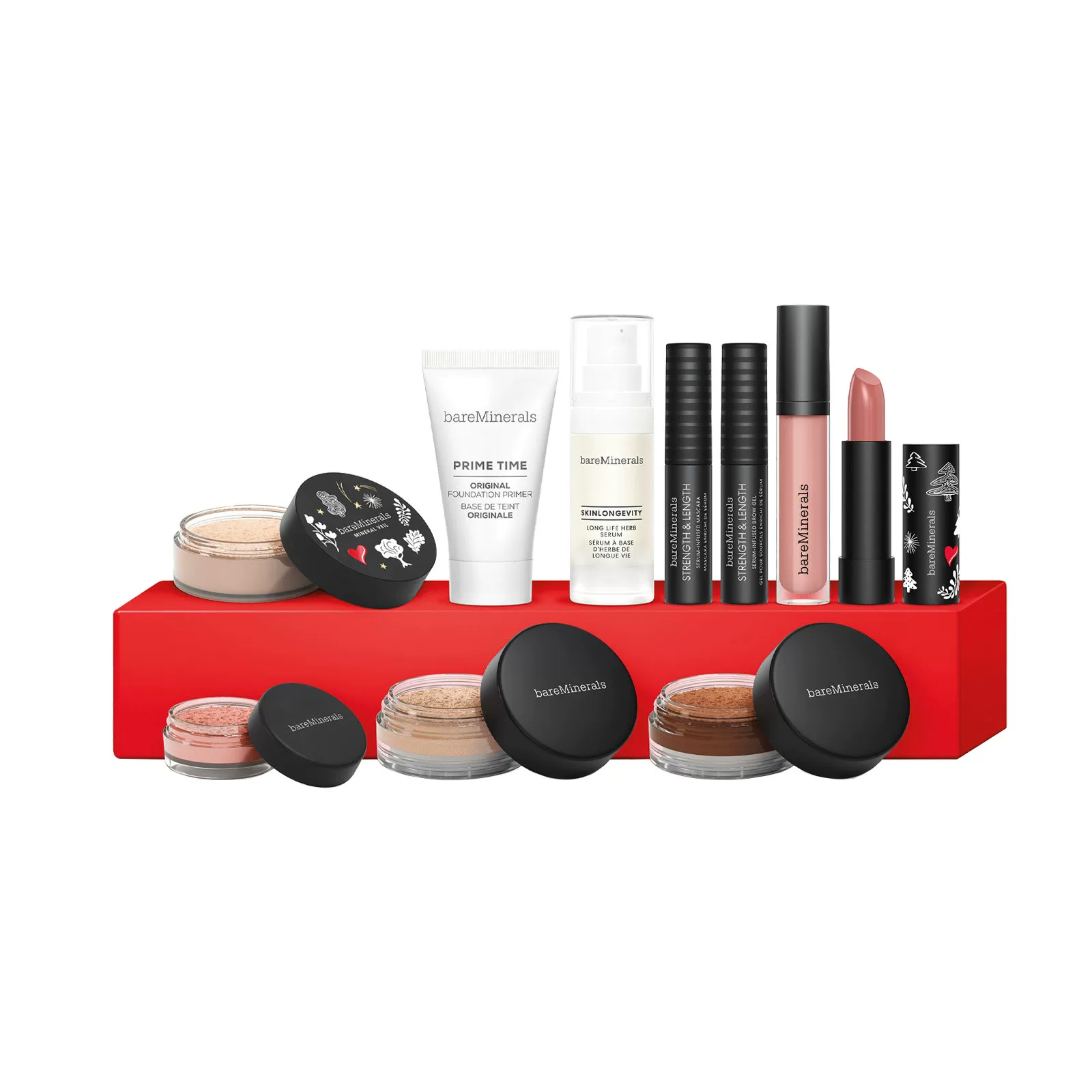Праймер для лица bareMinerals, подарочная коробка, набор, хайлайтер, помада, эссенция для ресниц, 10 штук