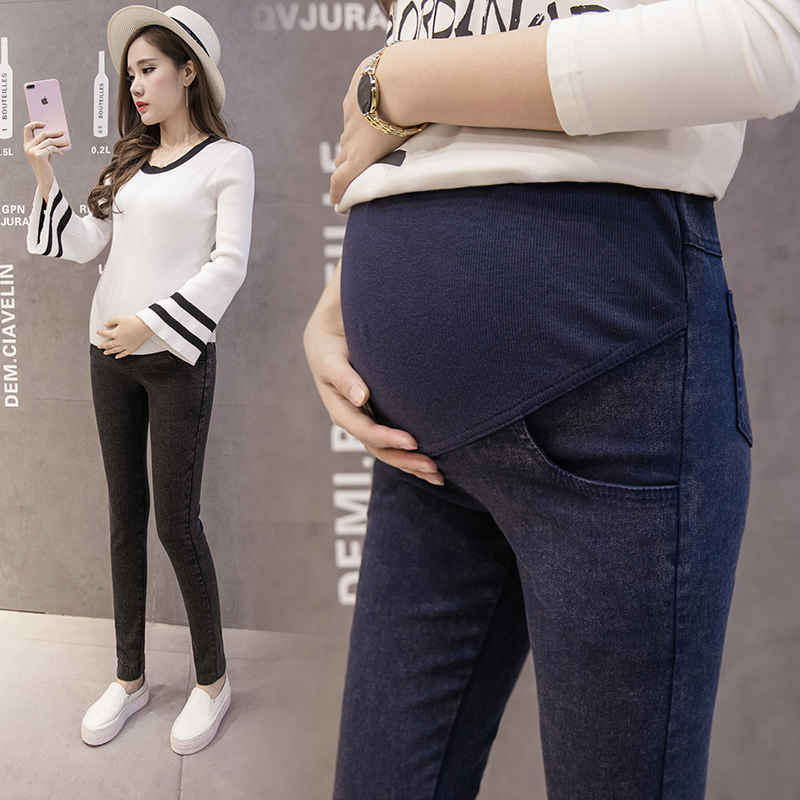 Pregnant Woman Jeans Spring Autumn Thin FASHION PREGNANT WOMAN PANTS OUTSIDE WEARING SMALL FEET LONG PANTS AUTUMN WINTER CLOTHING GUSH NEOPARD PANTS BLACK