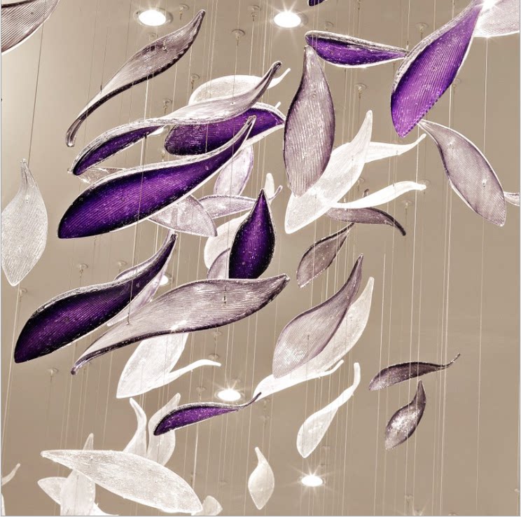 Custom large office lobby glass purple new leaf ceiling hanging hotel shopping mall project decoration decoration