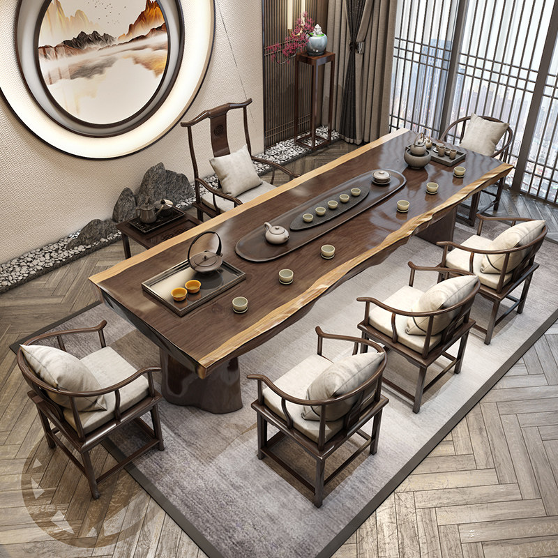 Tea table Solid wood tea table Kung fu big board Zen new Chinese modern simple creative household tea table Tea table and chair combination