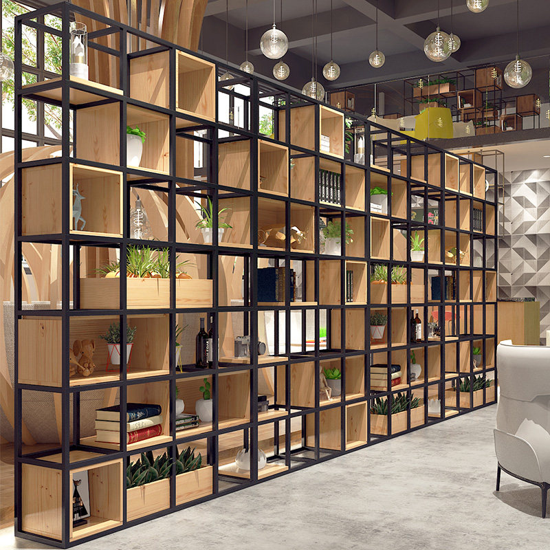 Wrought iron entrance shelf bookcase bookcase Floor-to-ceiling solid wood modern simple living room office partition screen shelf