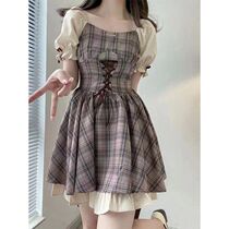 2023 New Summer Square Neck College Style Waist Slim Dress Womens Fresh High Waist Sweet Short Skirt