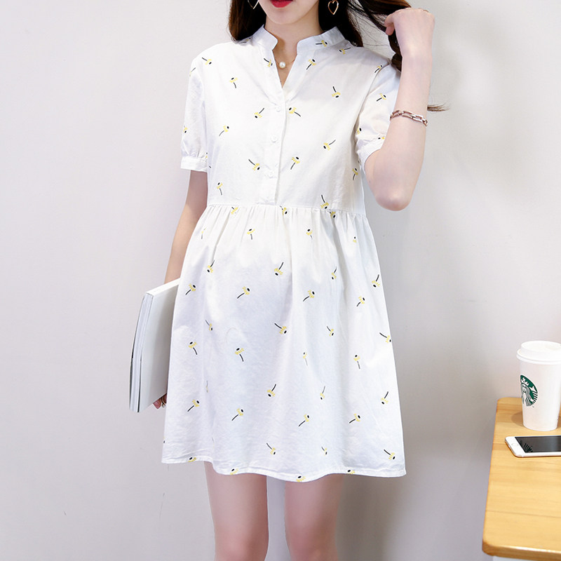 Korean V-neck maternity dress mid-length dress 2022 summer new maternity dress loose base large size skirt