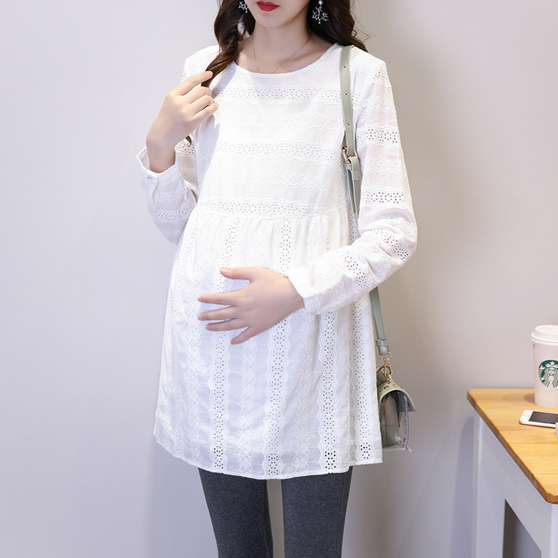 2022 autumn dress hollow out pregnant women's hip shirt dress high waist fashion dress spring and autumn solid color bottoming top