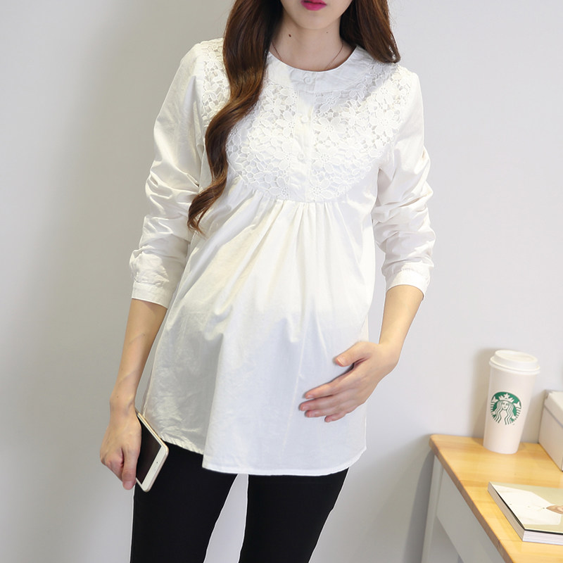 Autumn Loaded Round Necklace Lace Pregnant Woman Shirt Short A version loose jacket Spring and autumn Occupational gestation Women in the bottom shirt T-shirt T