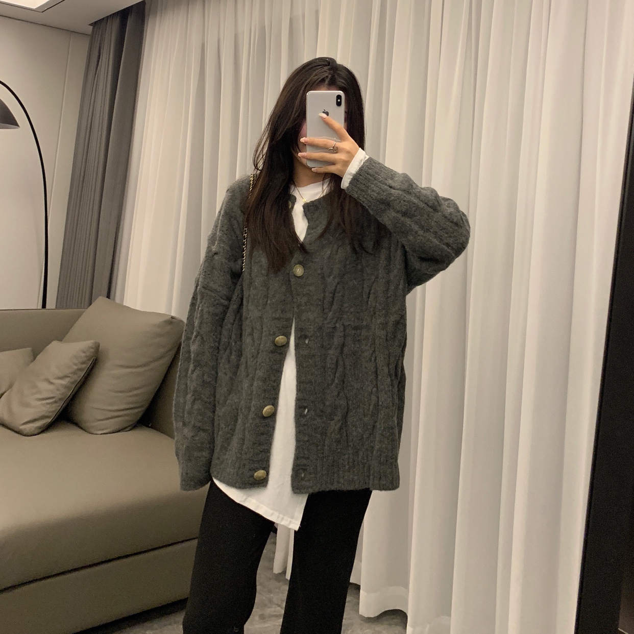 Gray sweater jacket women's autumn 2022 new Korean version loose lazy style all-match thick knitted cardigan top
