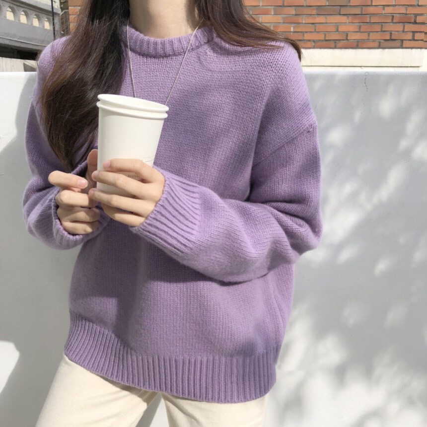 2020 Spring and Autumn New Korean Style Loose Macaron Knitted Sweater Lazy Wind Pullover Thick Purple Sweater Women