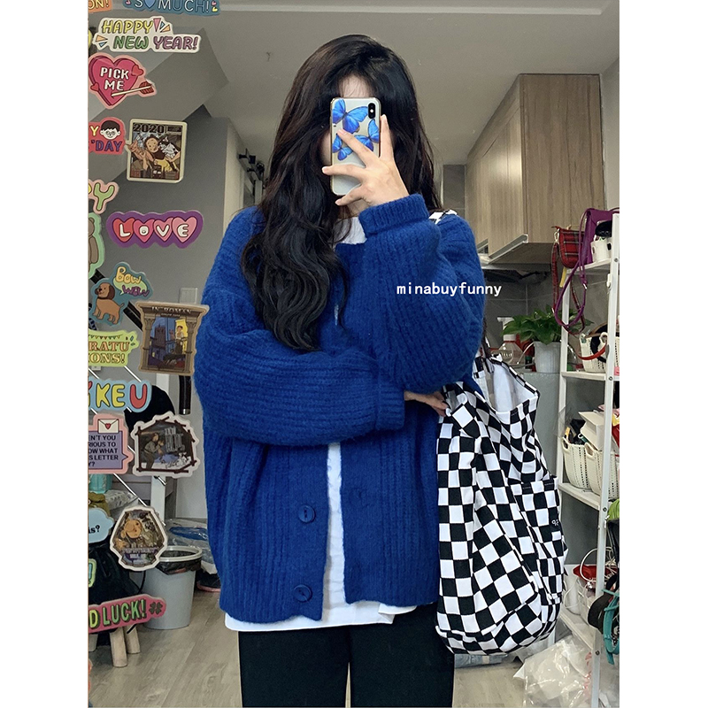 Klein blue knitted cardigan women's 2021 spring and autumn new Korean version all-match loose long-sleeved round neck sweater jacket