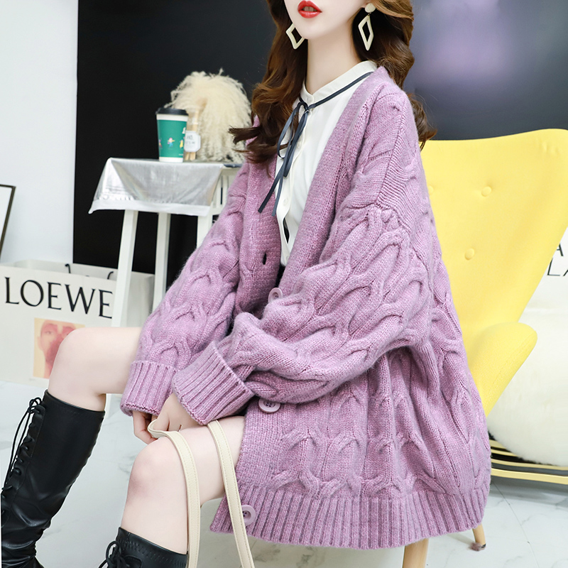 Twist thickened sweater cardigan women's loose mid-length autumn clothes 2021 new lazy style very fairy knitted coat