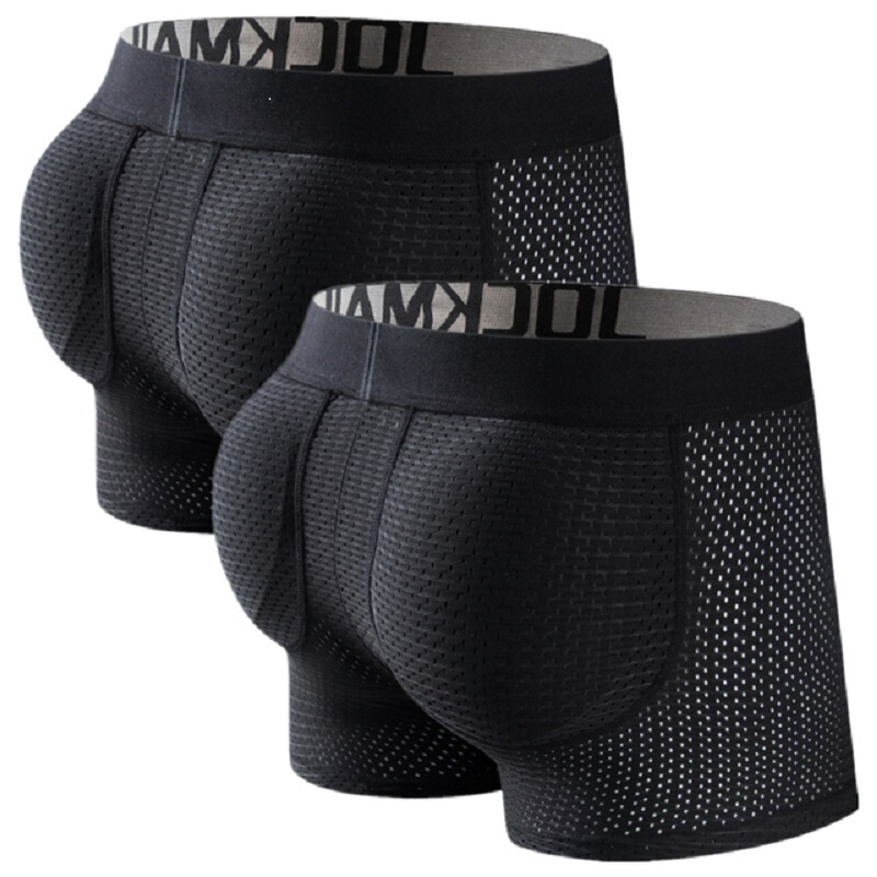 Jockmail Butt-Lifting Underwear with Hidden Sponge for Enhancing the Appearance of a Peach-Shaped Buttocks, Mesh Fake Butt, Boxer Briefs for Men, Half-Open, 2 Pieces