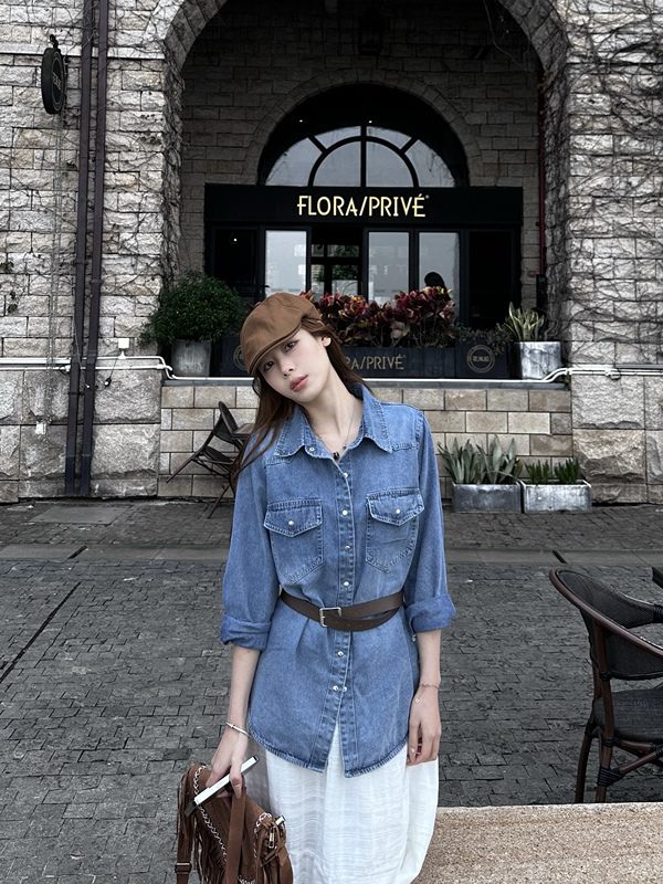 Zhouzhou Mia【Tencel Denim Shirt】Regular Shoulder Polo Collar Thin Shirt Jacket