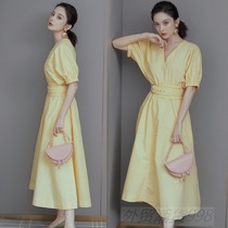 Liu Yifei Gu Li Na Za star with the same model 21 summer new waist thin vneck bubble sleeve long dress