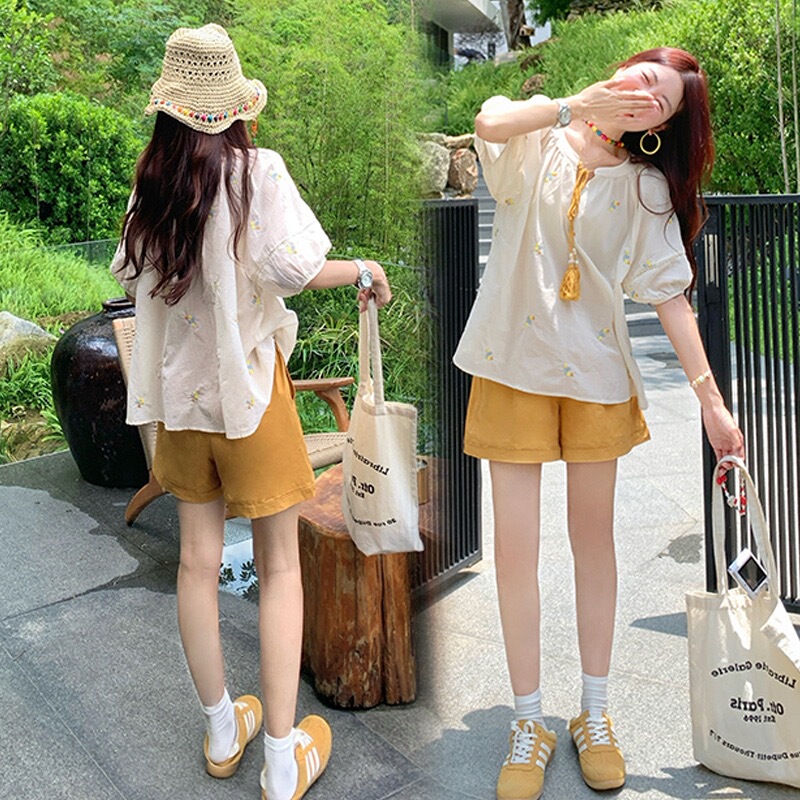 Maternity Summer Postpartum Nursing Clothes, Fresh and Sweet Embroidered Shirt Set, Trendy Two-Piece Outfit for Breastfeeding Outside