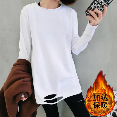 2019 new Korean version of autumn and winter loose white thickened with long version of undershirt hem-breaking hole T-shirt female tide