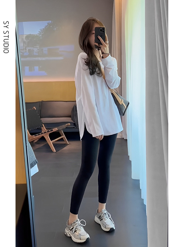 2025 New Style Set: Women's Base Layer Top with a Slit, Mid-Length T-Shirt Paired with Shark Pants to Cover the Buttocks