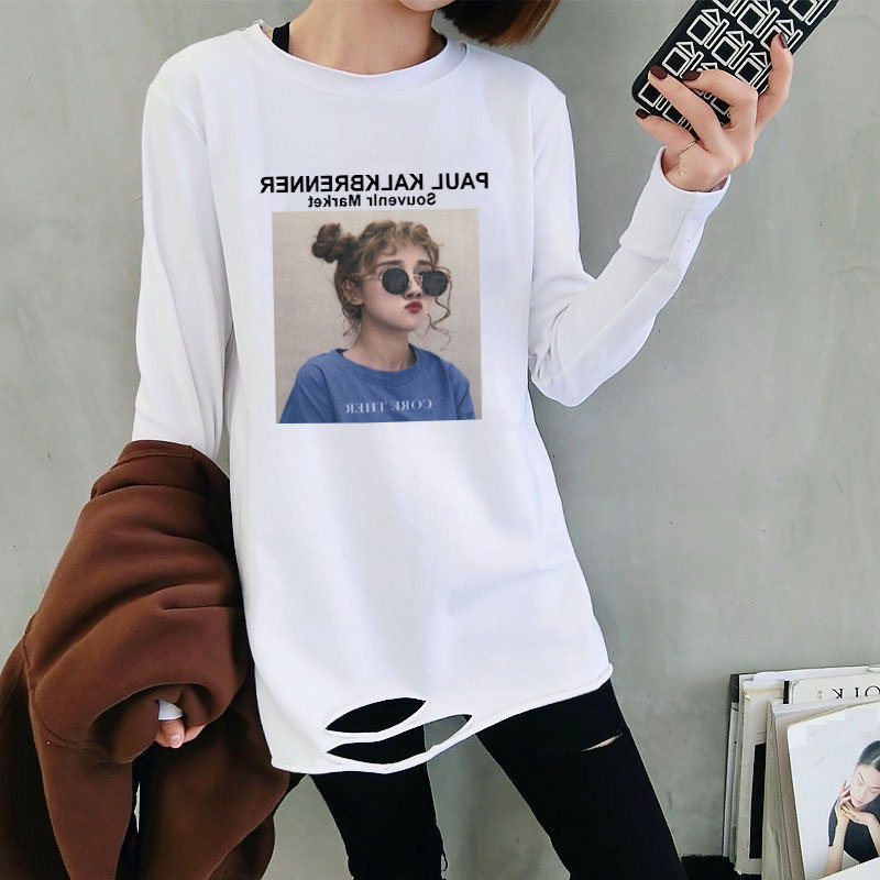 2020 new autumn and winter velvet thickened hole long-sleeved T-shirt women's long-sleeved top white base shirt inside