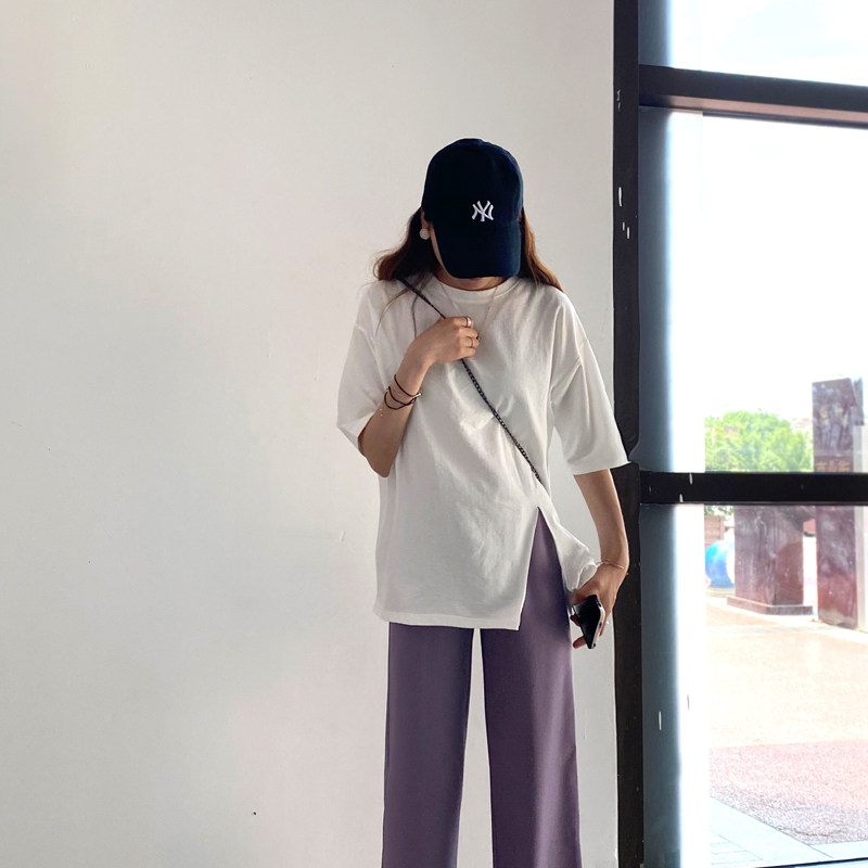 Slit T-shirt female Korean version all-match loose mid-length irregular top short-sleeved female ins summer dress with wide-leg pants