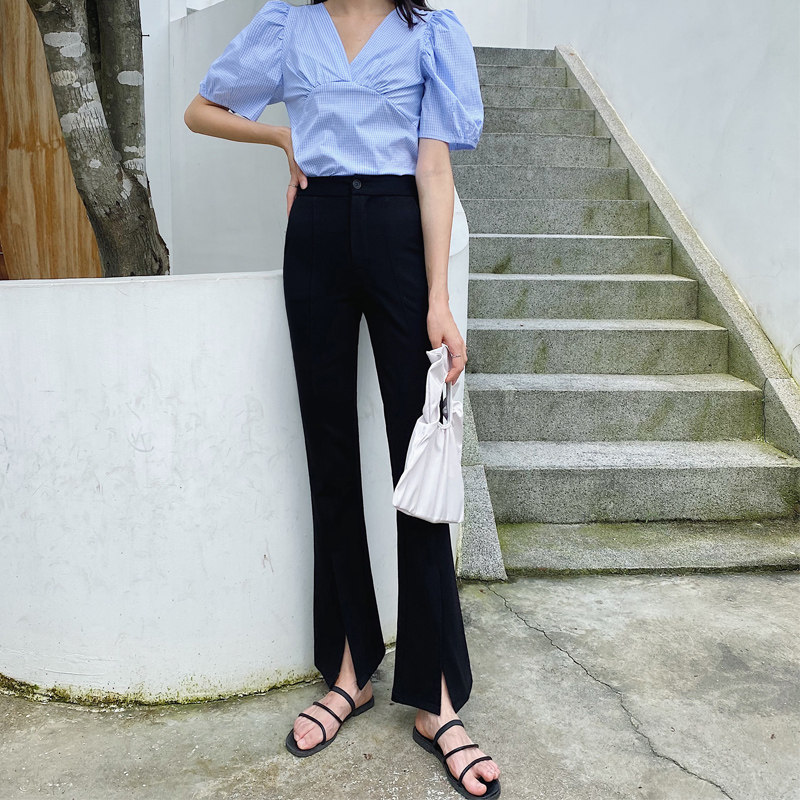 Open-fork suit horn pants high-waist autumn new temperament micro-lake pants fashion wear lean workers casual trousers tide