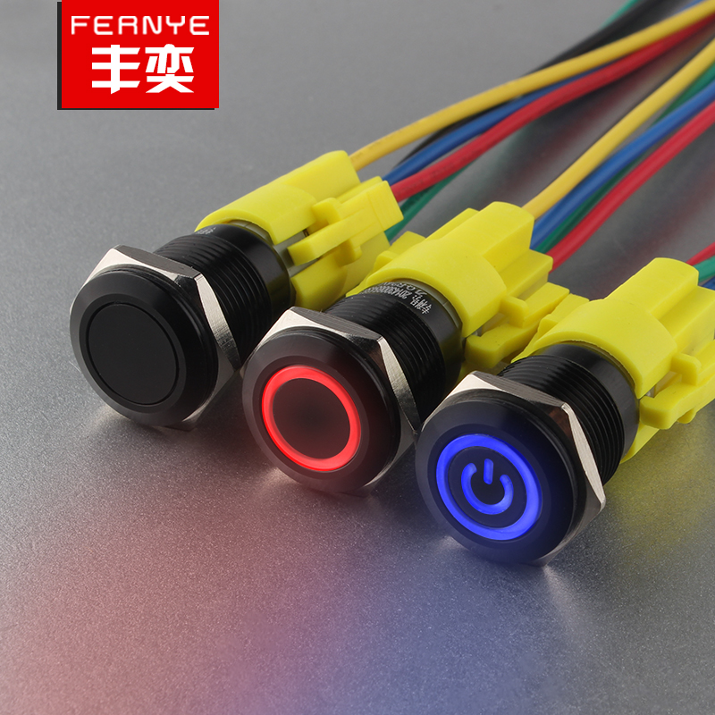 16MM self-locking flat head ring power supply black metal button switch equipment car modification with light one-button start
