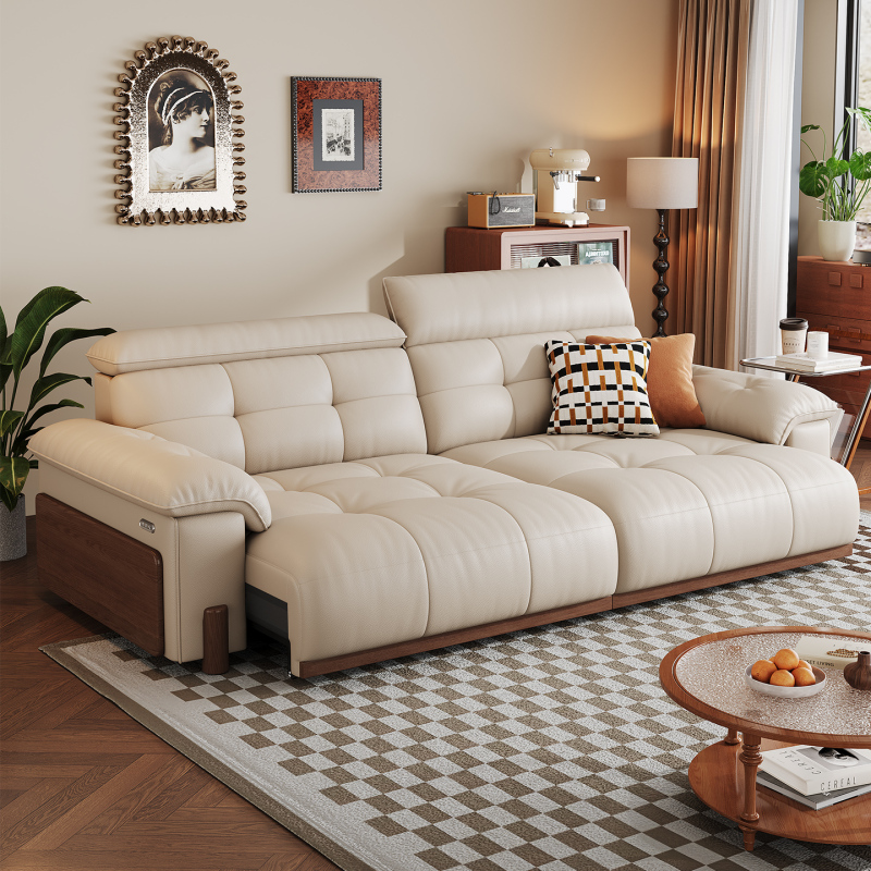 First-Layer Cowhide Electric Sofa Bed, Solid Wood, Mid-Century Style, High-End Multifunctional Genuine Leather Sofa Bed from Foshan, Can Recline and Sleep