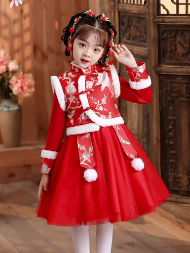 Девушки Cheongsam 2024 Новый зимний детский государственный стиль Новый год новогодний новогодний новогодний новая одежда