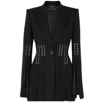Women Blazer Lapel Long Sleeve Button Bandage Split Coat 