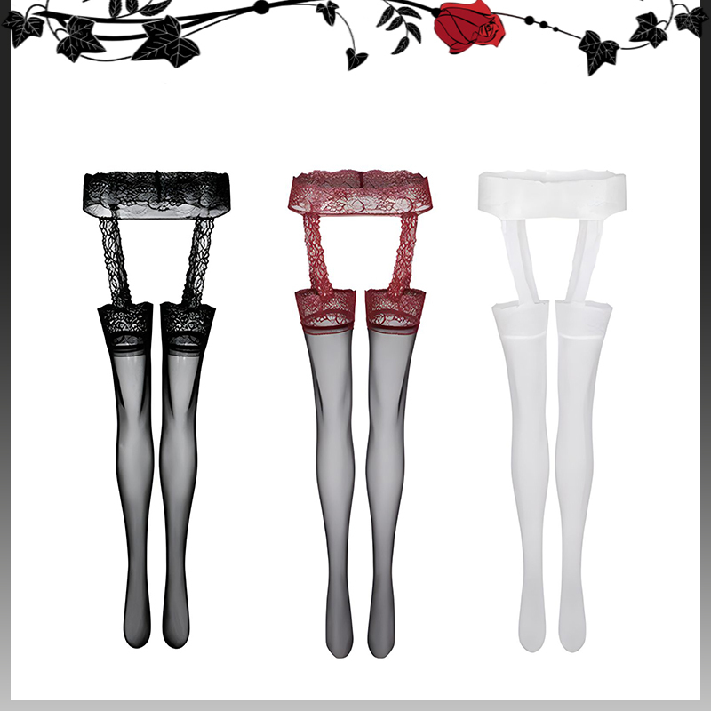 Red-Edged Black Stockings with Suspenders, Sexy Lace Stockings Set, Anti-Snagging Leg Ring, Over-The-Knee Garter Belt for Women
