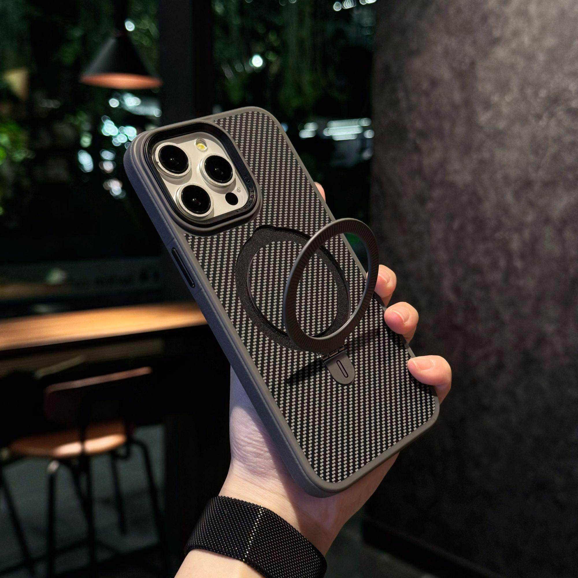Carbon Fiber Texture Matte Magnetic Apple 16 Pro Max Kevlar Pattern Phone Case Suitable for iPhone 15 Pro with Metal Stand 14 Plus with Lens Film 13 Anti-Slip 12/11 Protective Case