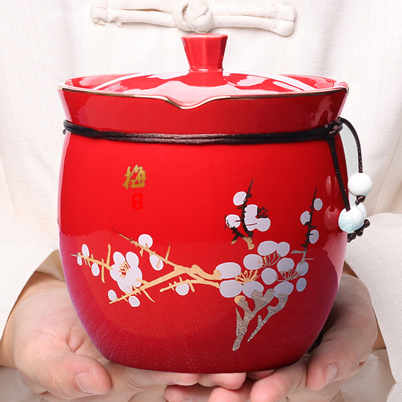 Ceramic tea pot sealed tea storage bucket size household with lid moisture-proof red and green Pu'er tea storage box Tea storage tank
