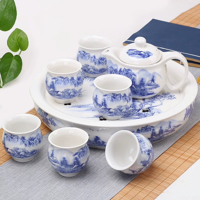 Double-layer Japanese tea set, ceramic blue and white teapot, tea cup, anti-scald