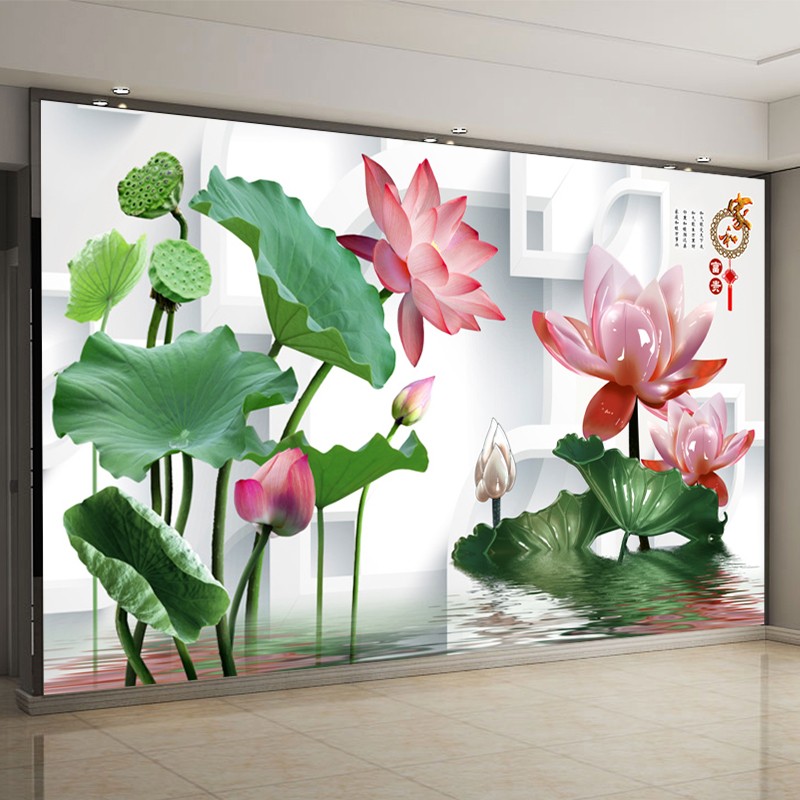 Atmospheric lotus bamboo fiber TV sofa background integrated wall panel living room bedroom ink painting quick mount gusset board