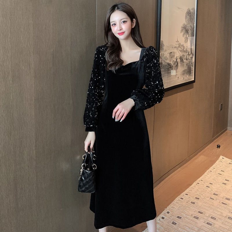 Huaxie Li large size French square collar velvet skirt 2021 winter new temperament sequin stitching annual beauty slim