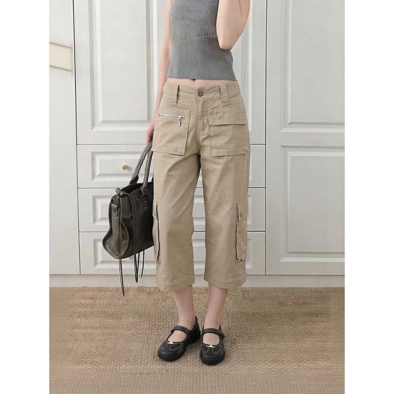 2Te Summer Multi-Pocket White Casual Pants Straight-Leg Mid-Length Khaki Work Pants Low-Waist Cropped Pants for Men and Women