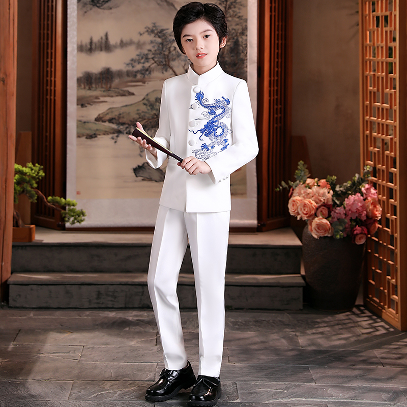 Children's host dress boy tunic suit handsome Chinese style small suit model catwalk show costume trend
